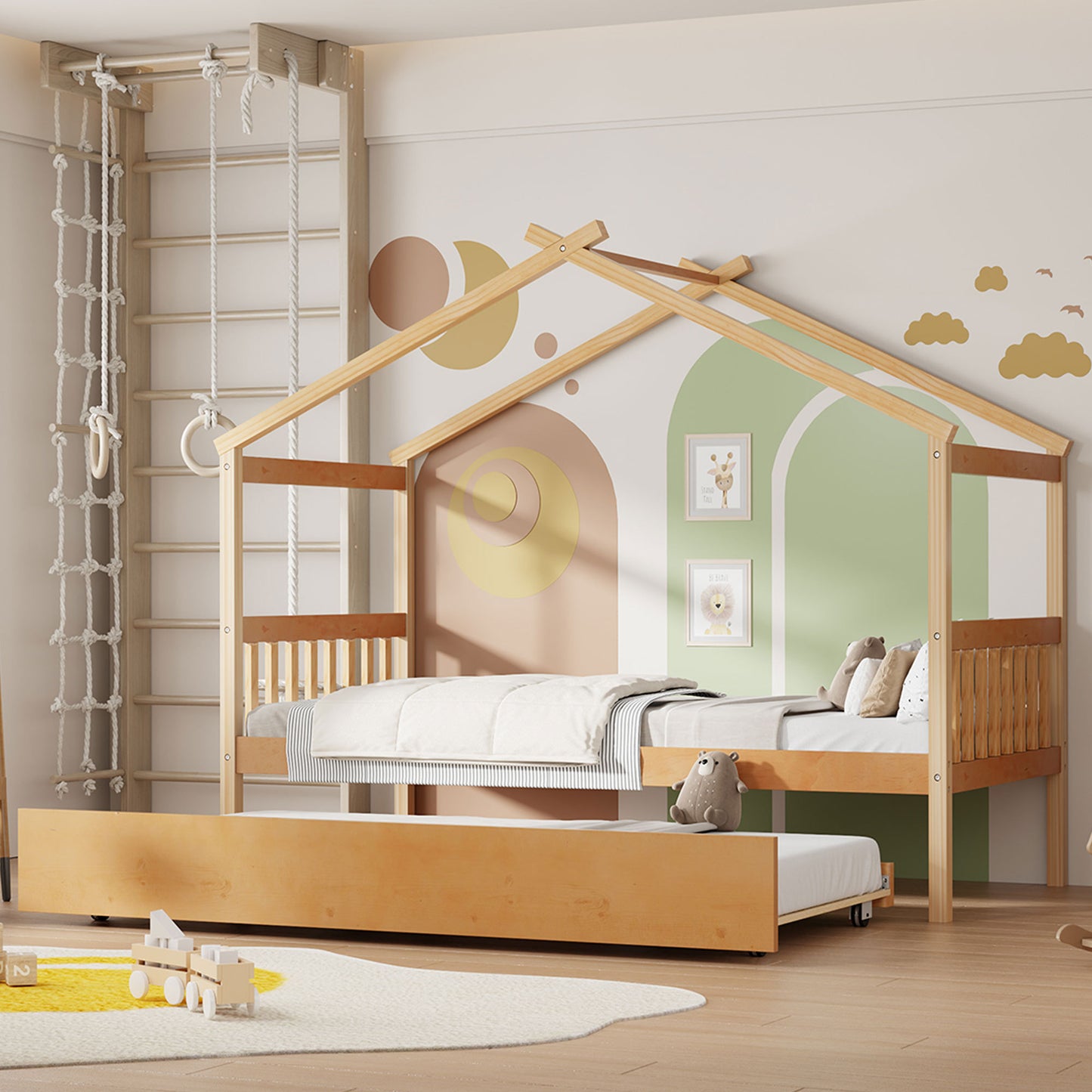 Twin Size Wooden House Bed with Twin Size Trundle