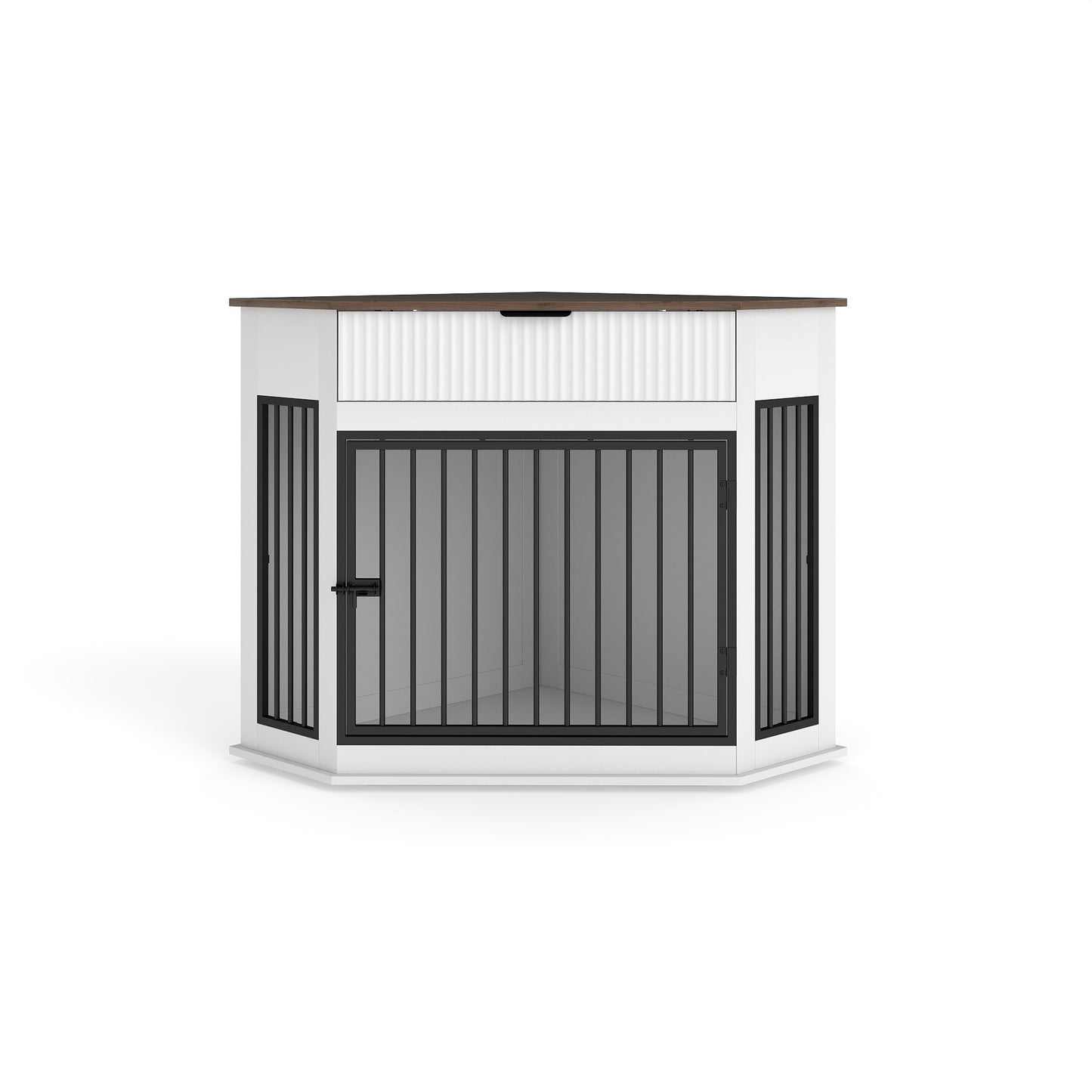 44.6" Corner Dog Crate Furniture with Fluted Drawer – MDF Wooden Dog Kennel End Table for Small & Medium Dogs
