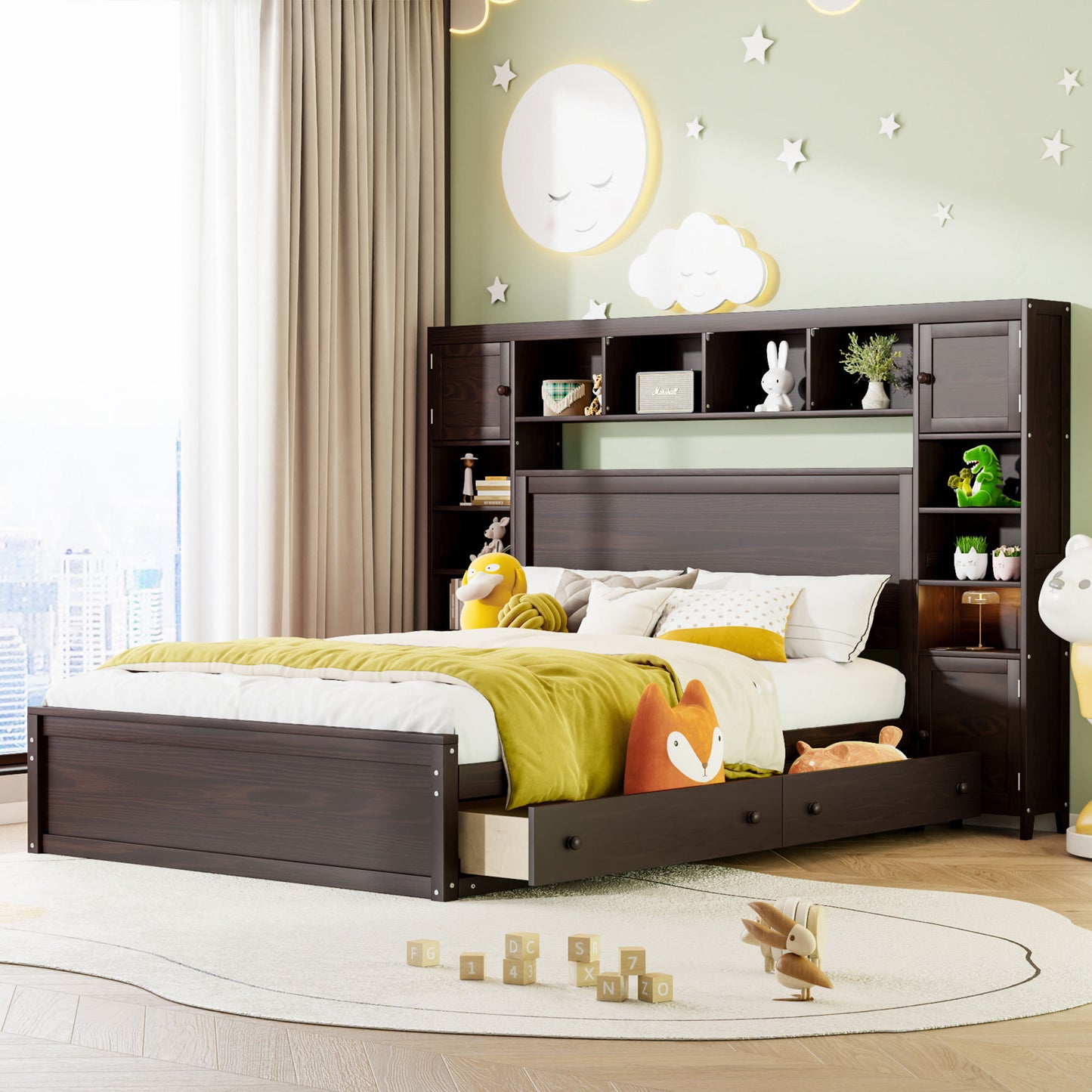 Wooden Bed with All-in-One Cabinet, Shelf and Sockets
