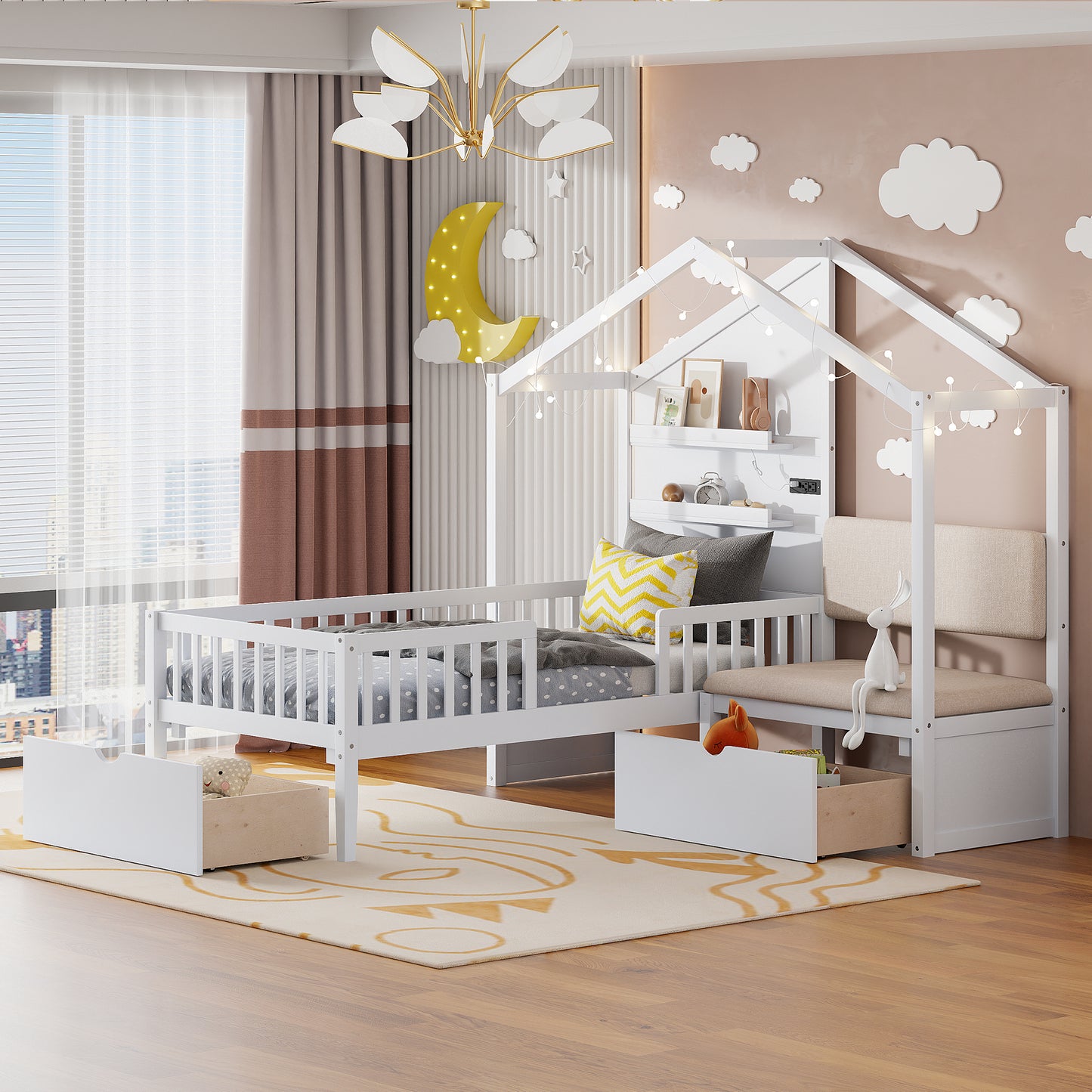 Twin Size House Bed with Upholstered Sofa, House Bed with Charging Station, Wireless