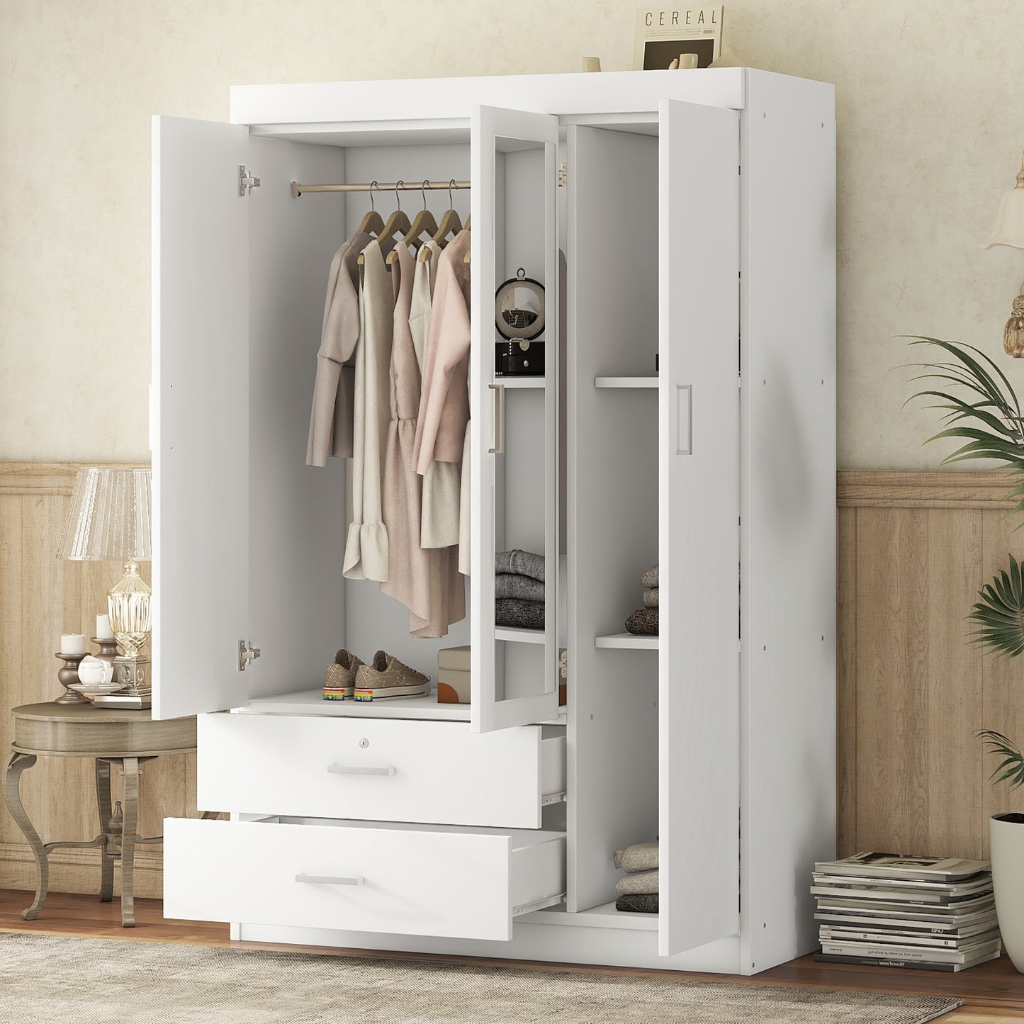 3-Door Mirror Wardrobe with shelves