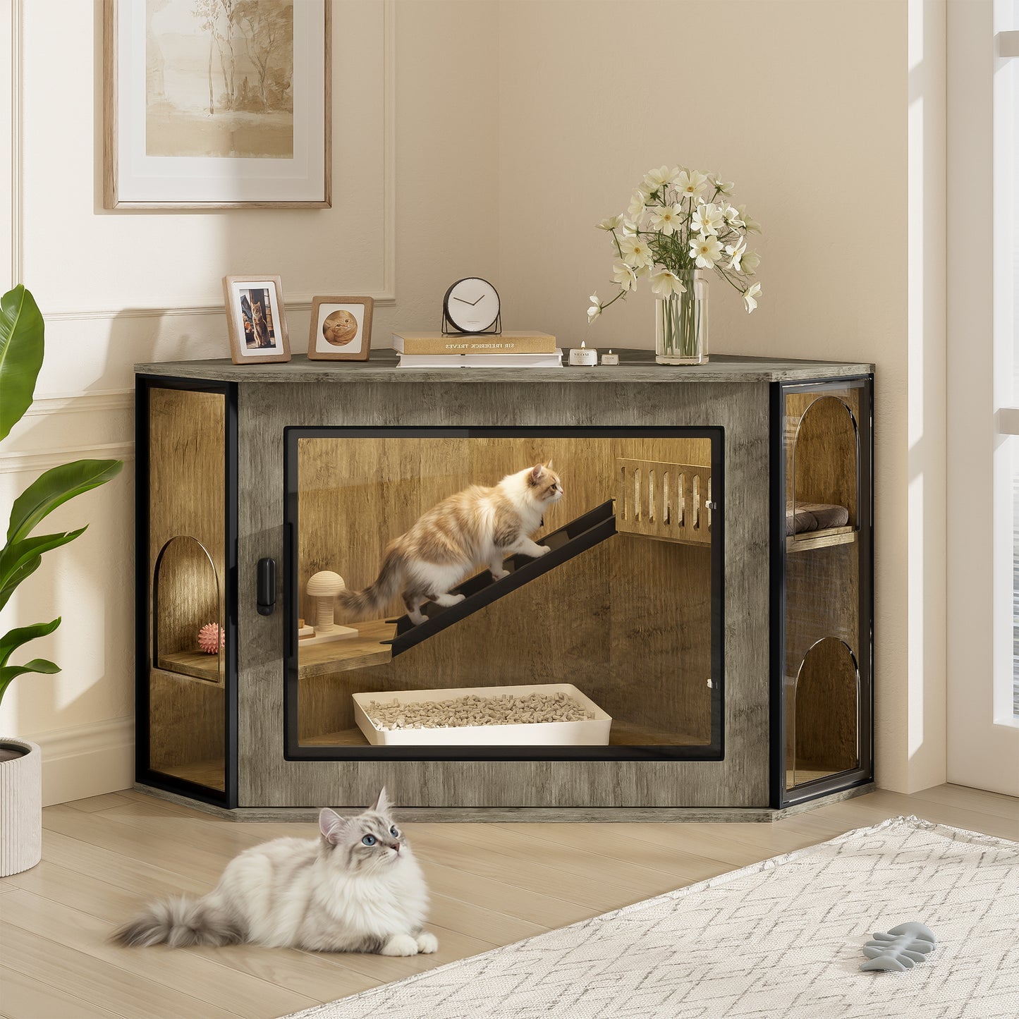 Corner Cat Litter Box Enclosure – 48" Hidden Litter Box Cabinet with LED Light, Modern Pet Furniture