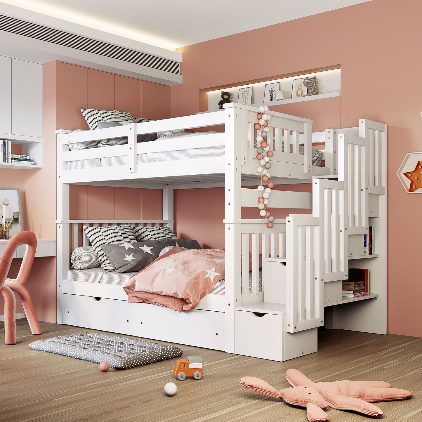 Full Over Full Bunk Bed with Shelves and 6 Storage Drawers