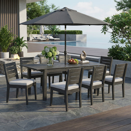 9-Piece Outdoor Dining Set – Extendable Acacia Wood Patio Table with Umbrella Hole, 8 Cushioned Armless Chairs, All-Weather Garden & Poolside Furniture
