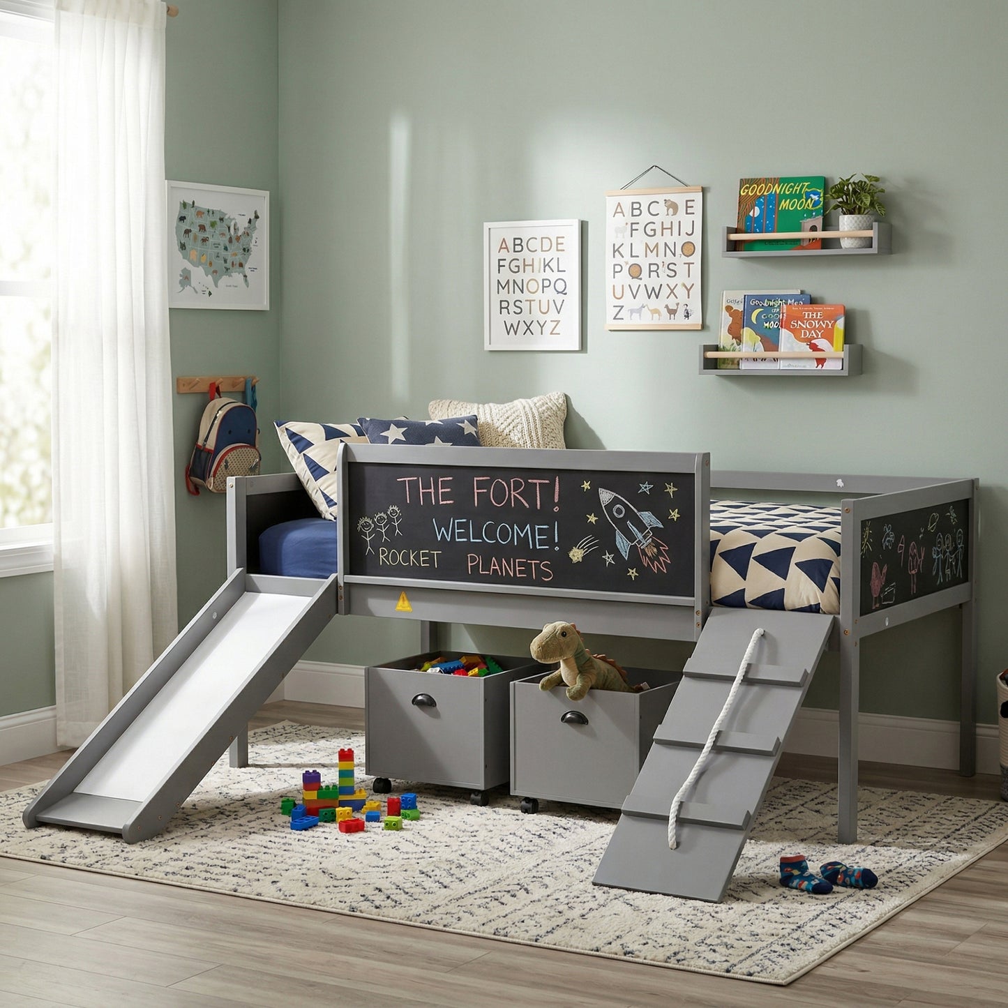 Twin Size Wood Loft Bed with Two Storage Boxes