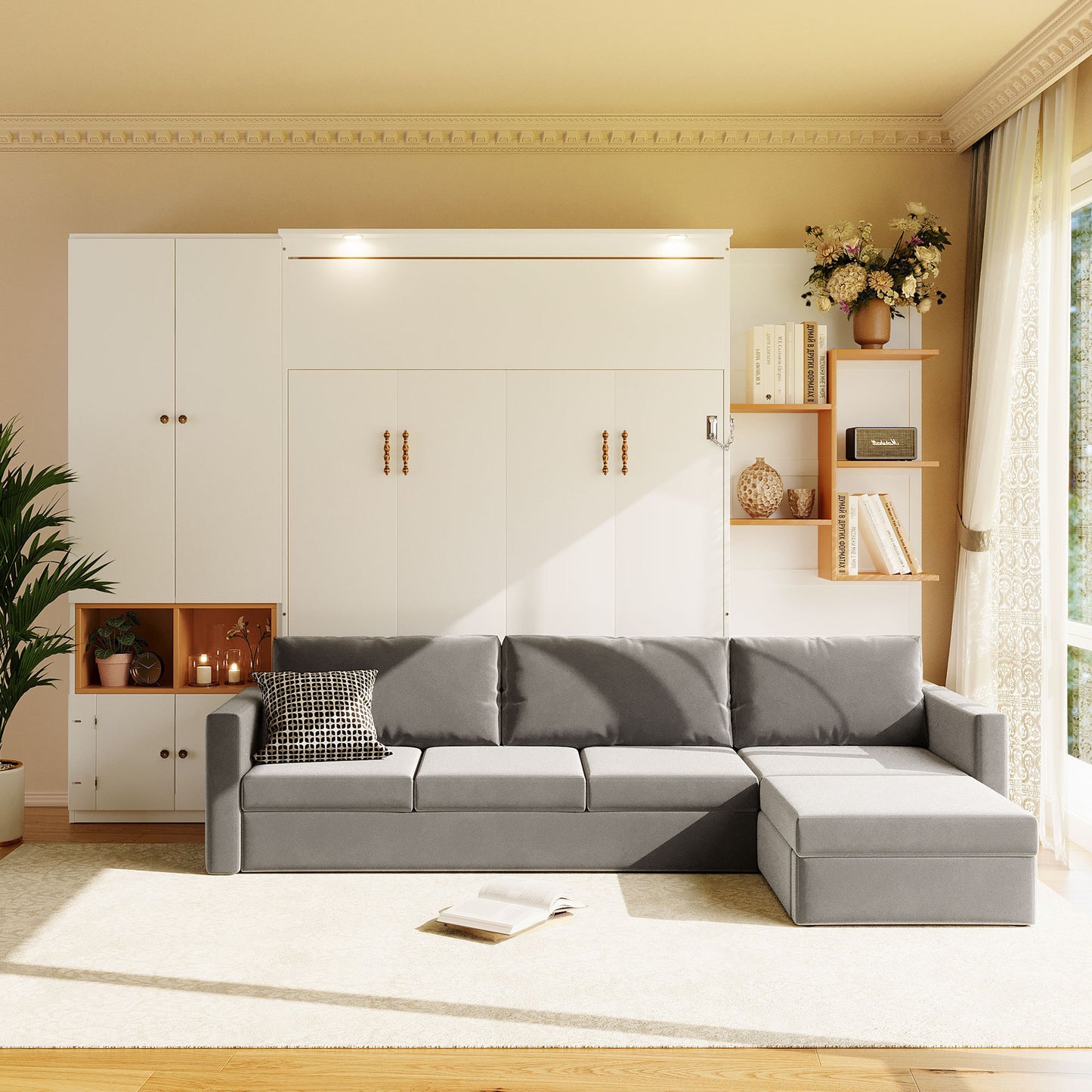 Queen Size Murphy Bed with Large Sofa, Storage Shelves & Cabinets, Modern Space-Saving