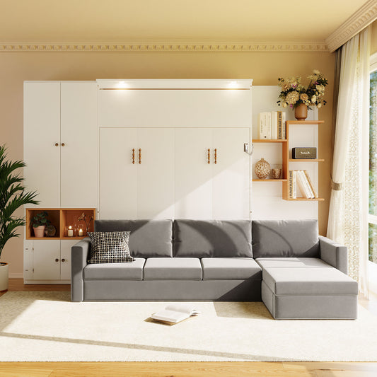 Murphy Wall Bed, Queen Size, Solid Wood and MDF with Shelves, Cabinets, and Sofa Seating for Bedroom or Home Office