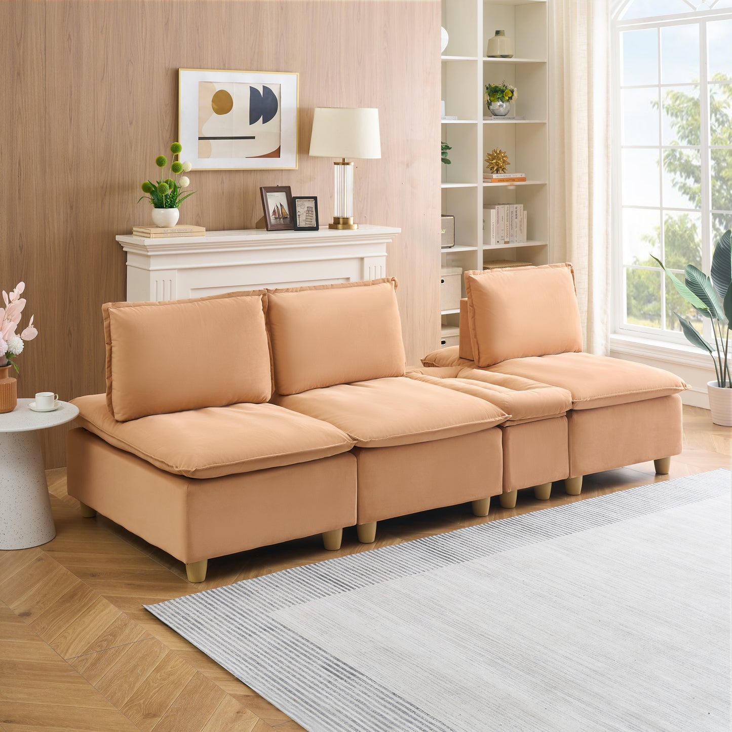 104-inch fashionable and minimalist straight-row three-seater pumpkin-colored flannel sofa with a storage compartment, cup holders and an adjustable backrest is suitable for living rooms and balconies