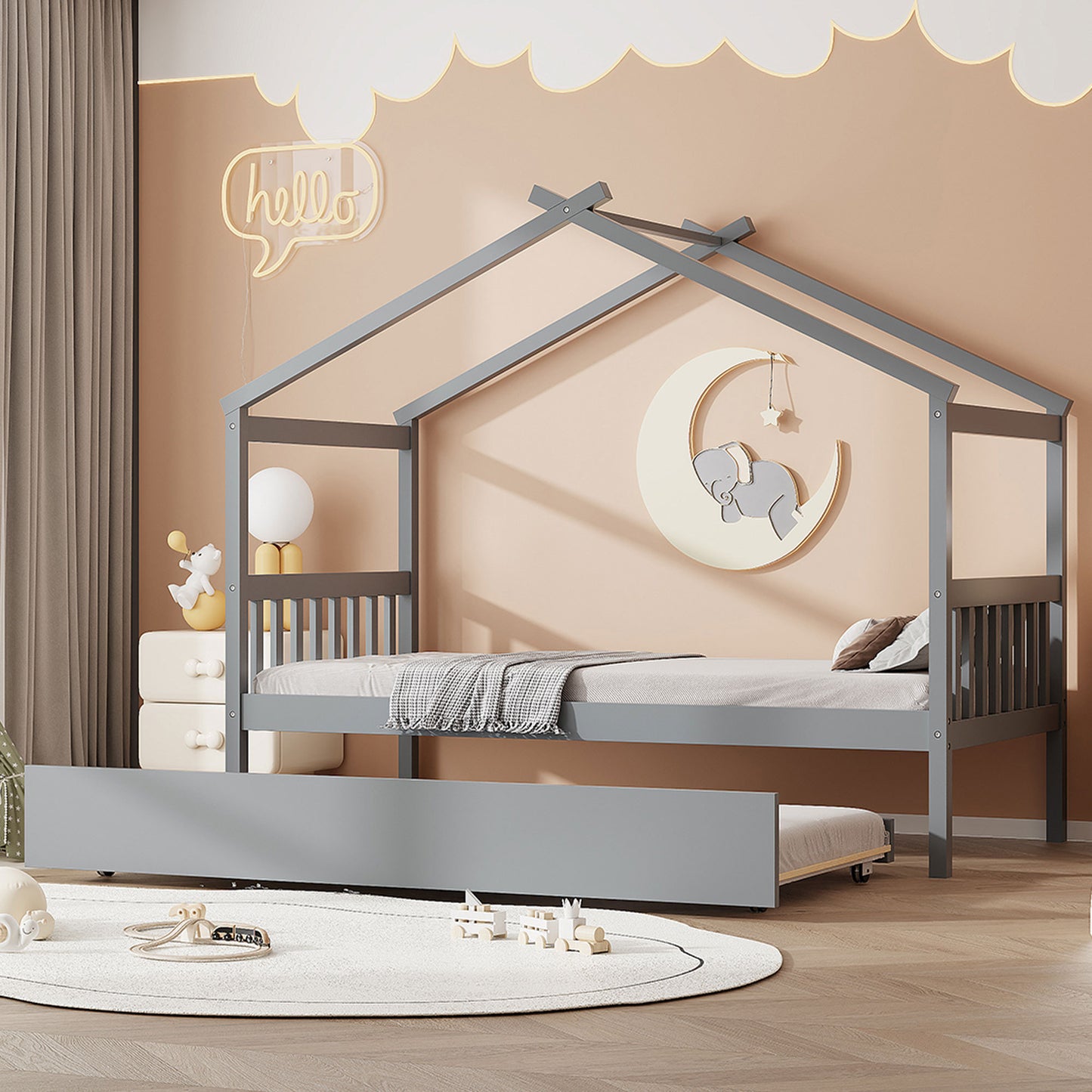 Twin Size Wooden House Bed with Twin Size Trundle