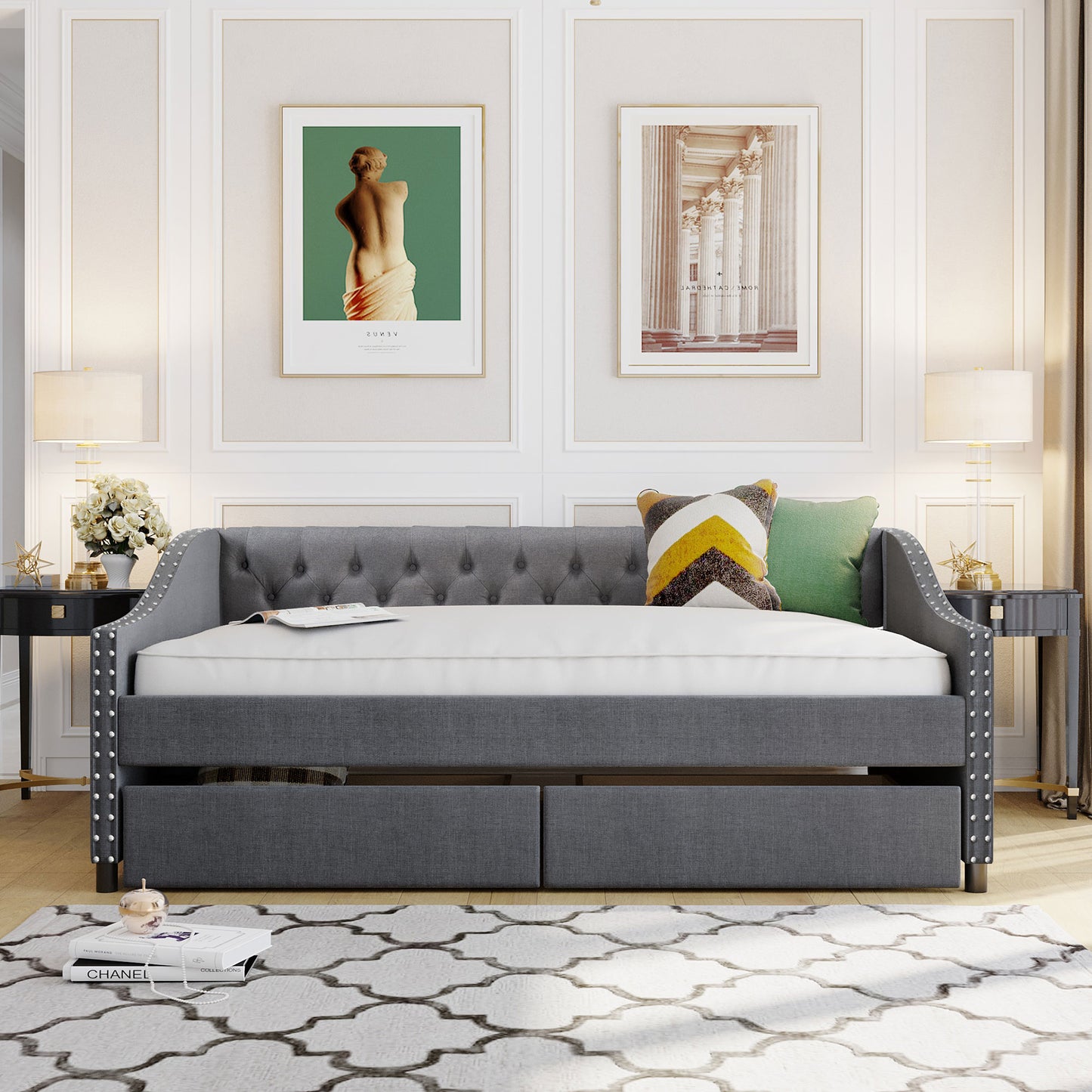 Upholstered Daybed with Two Drawers and Wood Slat Support