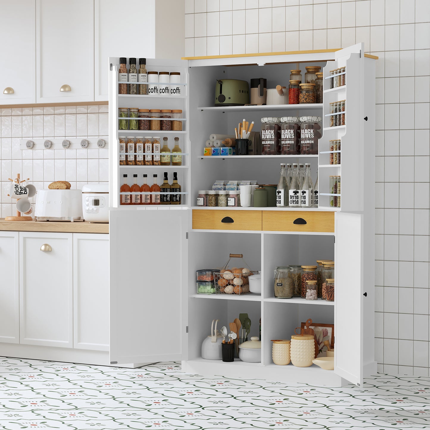 40.2x20x71.3inch High Freestanding Kitchen Pantry Large Cupboard Storage Cabinet with 2 Drawers, 2 Adjustable Shelves, 8