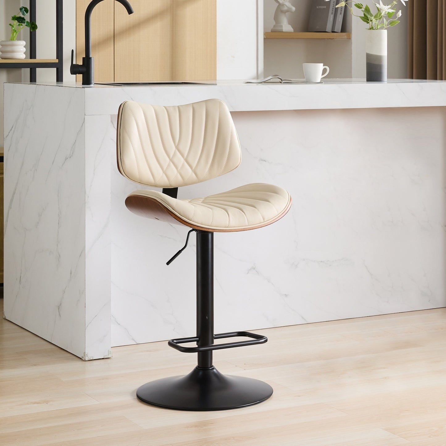 Walnut Bentwood Bar Stools Mid Century Modern Adjustable Counter Height Leather Upholstered 36