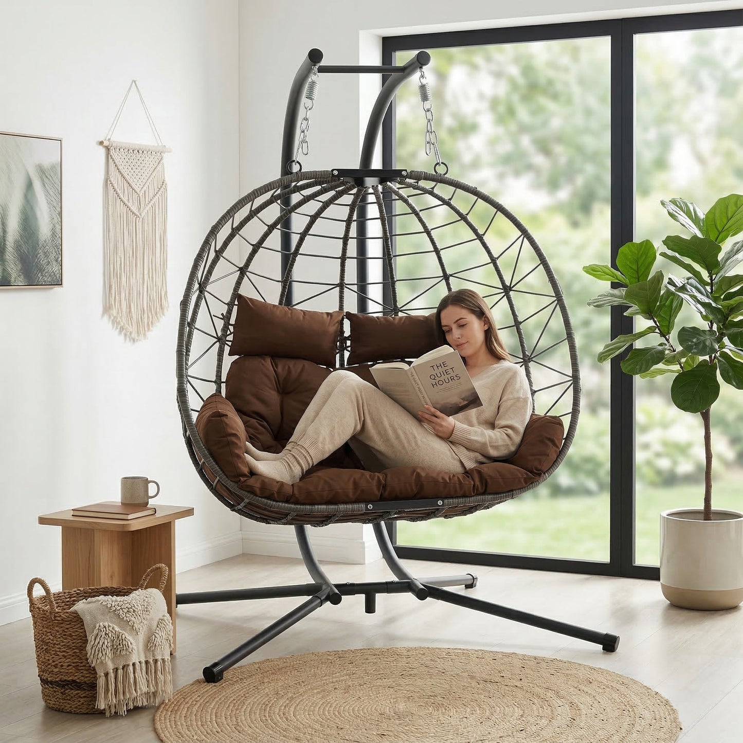 Double Hanging Egg Chair wth Stand, Patio Hammock Swing Chair with Cushion Loveseat for Bedroom, Balcony, Garden, Indoor, Outdoor,(Brown)