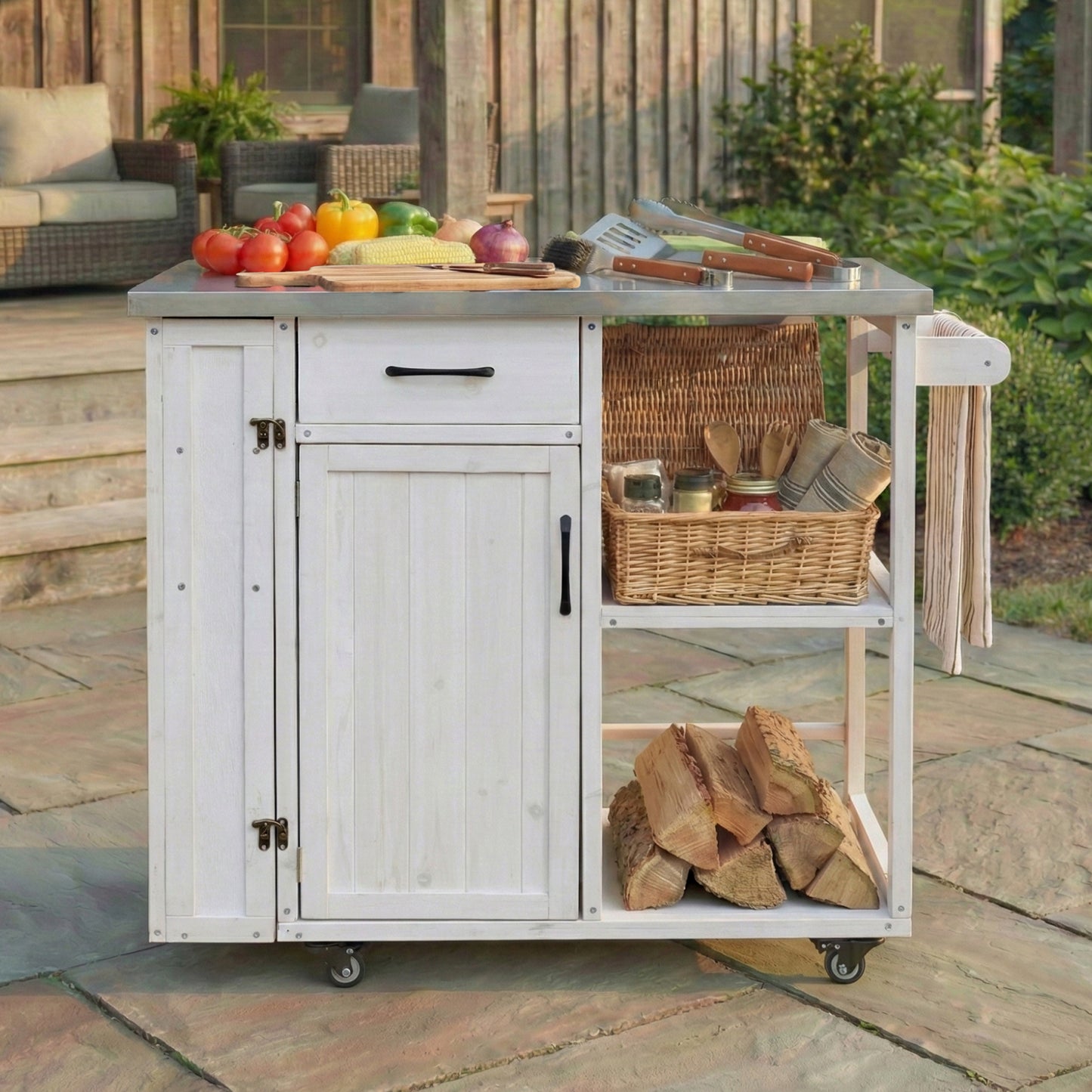 Outdoor Kitchen Island Fir Wood Prep Station Lockable Kitchen Cart with Stainless Top, Storage Space,