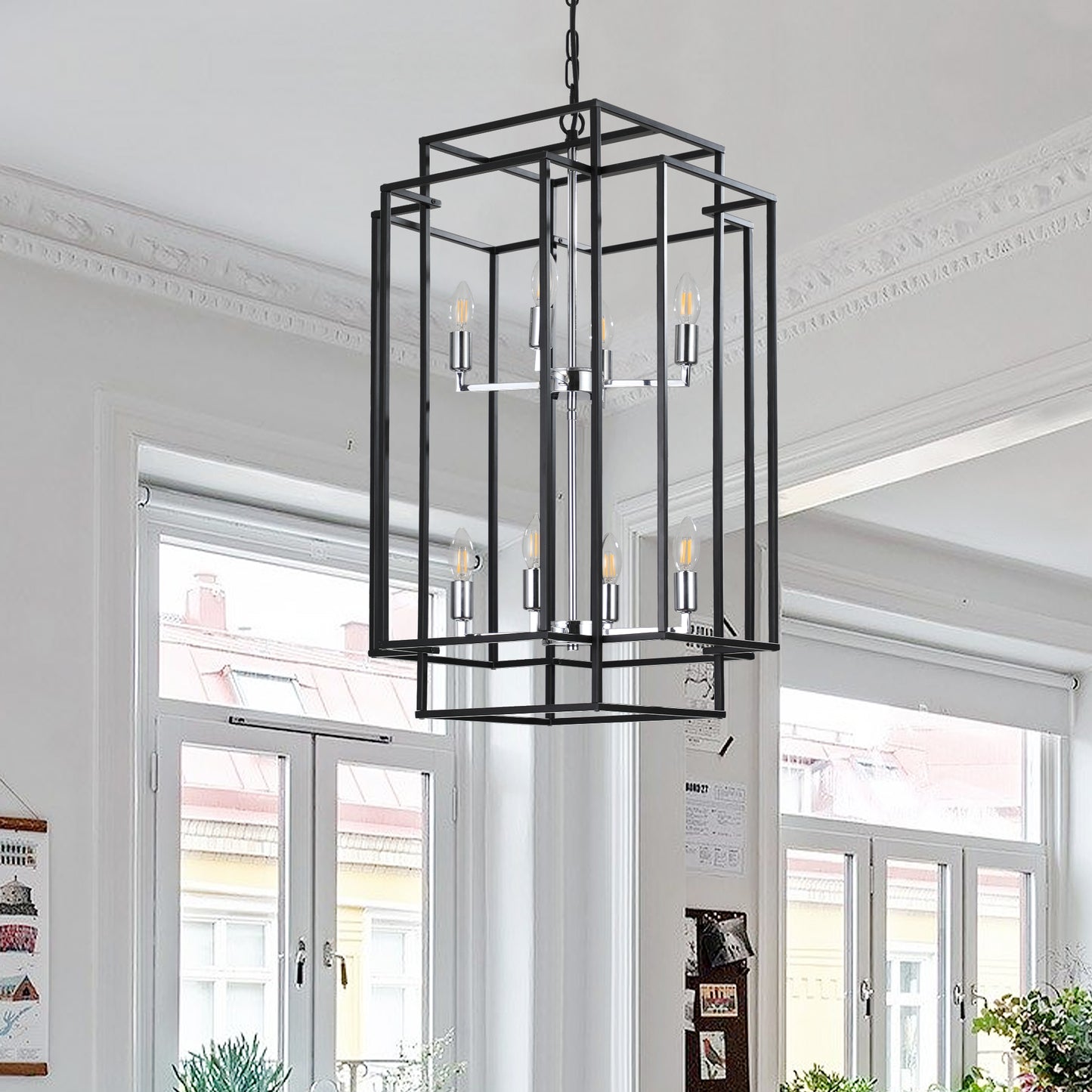 (Same as W1340142525/L1018-C) 8-Lights Lantern Tiered Pendant Light Fixtures, Industrial Farmhouse Hanging Chandelier for Entryway, Foyer, Living Room, Kitchen Island, Staircase(Black & Silver)