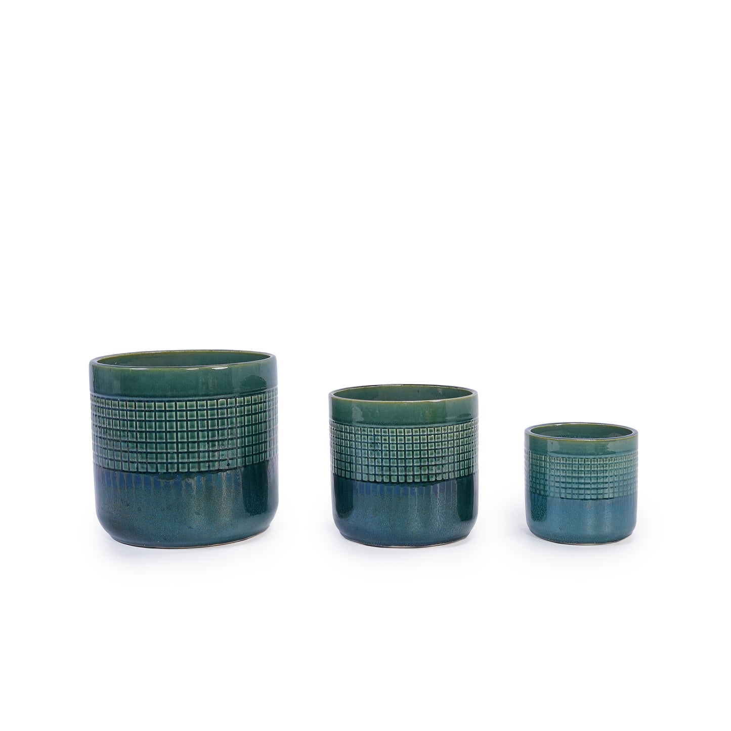 Handmade Grid Pattern Ceramic Planter Set of 3 with Drainage Holes for Succulents & Cacti Indoor/Outdoor Shelf & Table U