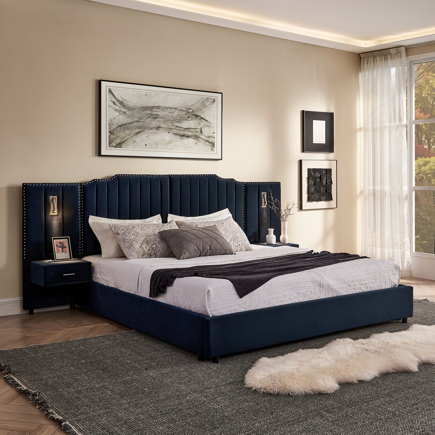 Upholstered Bed Frame with Velvet Fabric, Vertical Stripe Design & Bedside Table - No Box Spring Needed