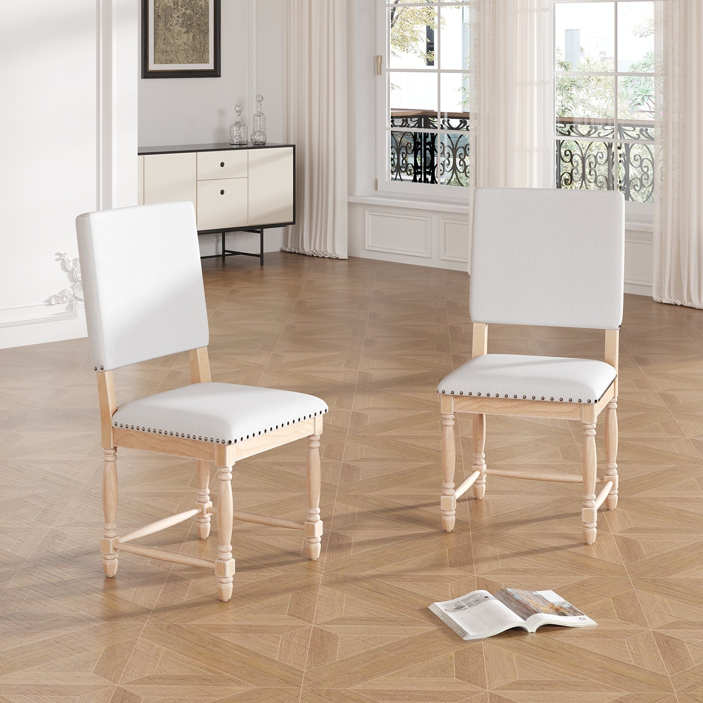 Vintage Traditional 2-Piece Upholstered Dining Chairs with Padded Backs, Natural