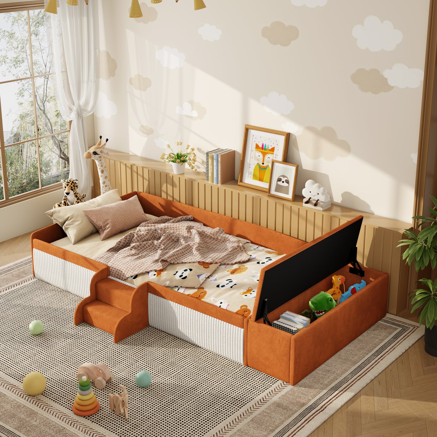Velvet Upholstered Daybed with Stairs & Gas Lift Storage Ottoman, Contrast Color, Padded Guardrails