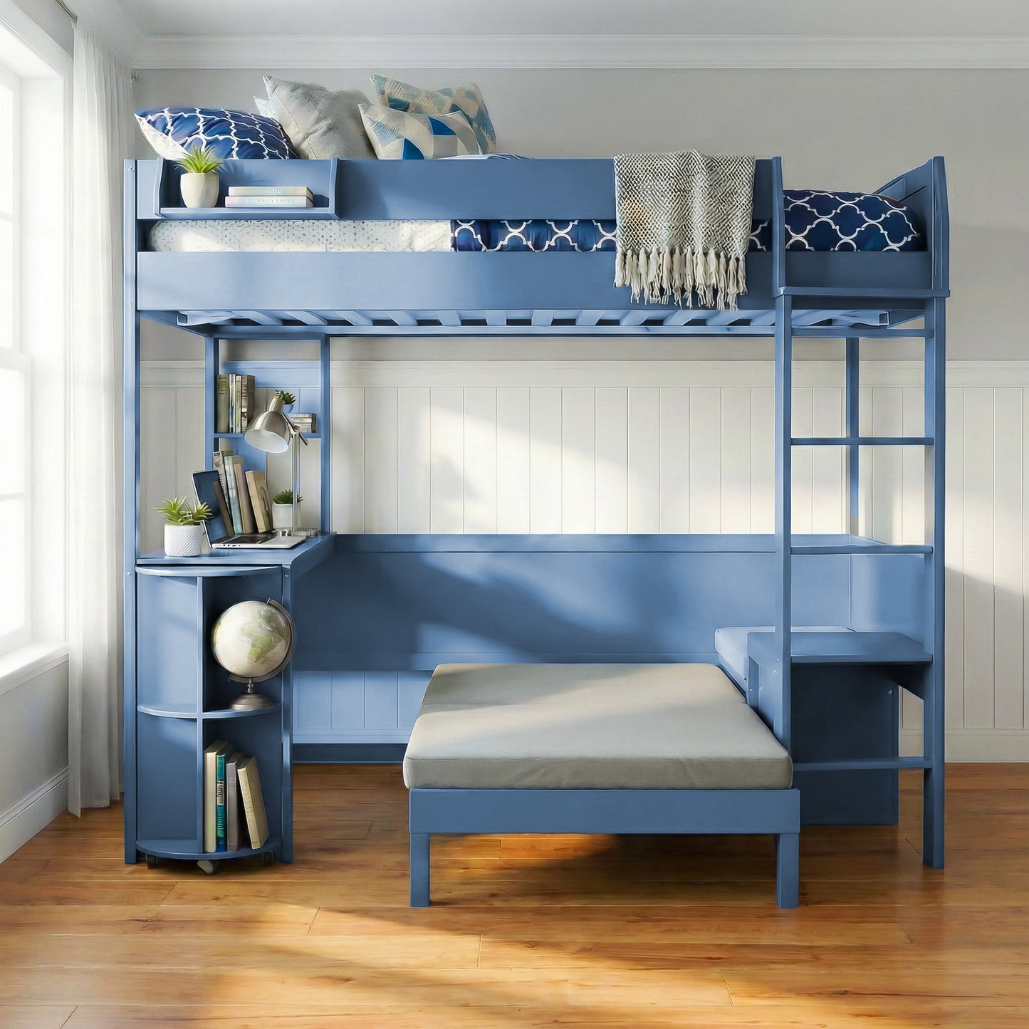 Wood Loft Bed with Desk, Bedside Storage Shelf, Sofa and Light