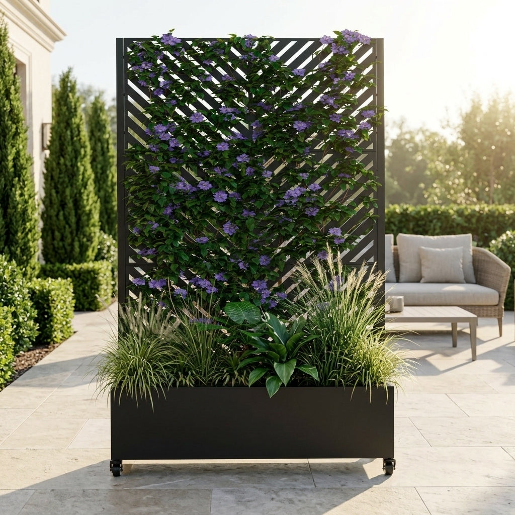 Metal Raised Garden Bed with Trellis, Drainage Holes & Lockable Wheels