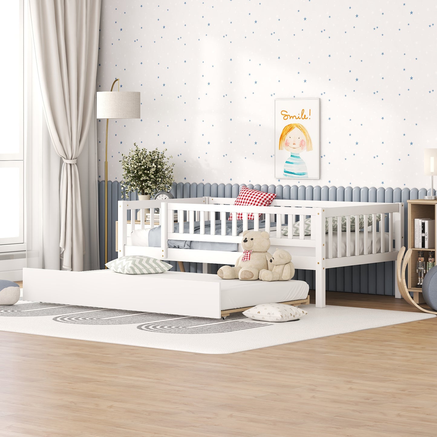Twin Size Wood Daybed with Trundle and Fence Guardrails