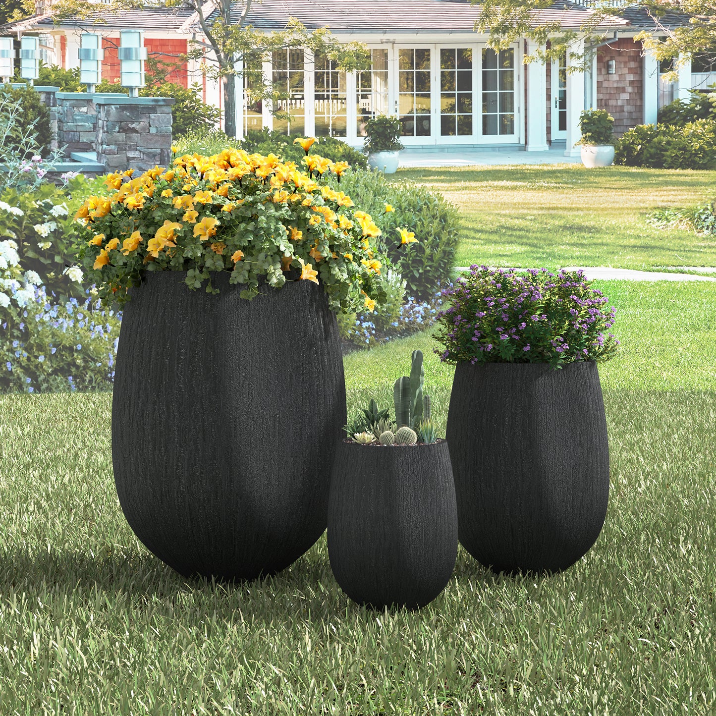 Egg-Shaped Lightweight MGO Outdoor Planter Set of 3,Modern Stone-Look Textured Flower Pots with Drainage Holes and Rubber Plug, Suitable for Patio, Garden, Poolside & Indoor