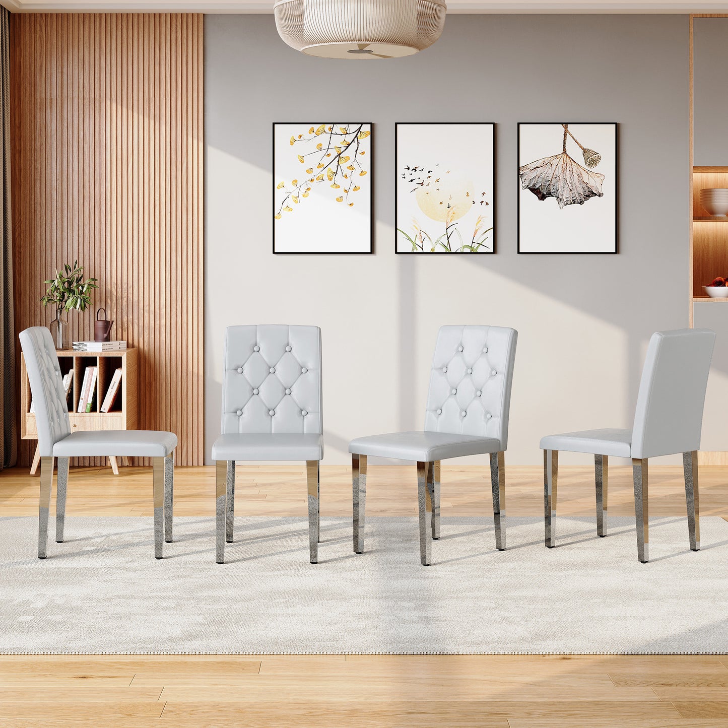 PU Leather Dining Chair – Ergonomic Buckle Backrest Chair with Metal Legs, 35" Upholstered Dining Seating