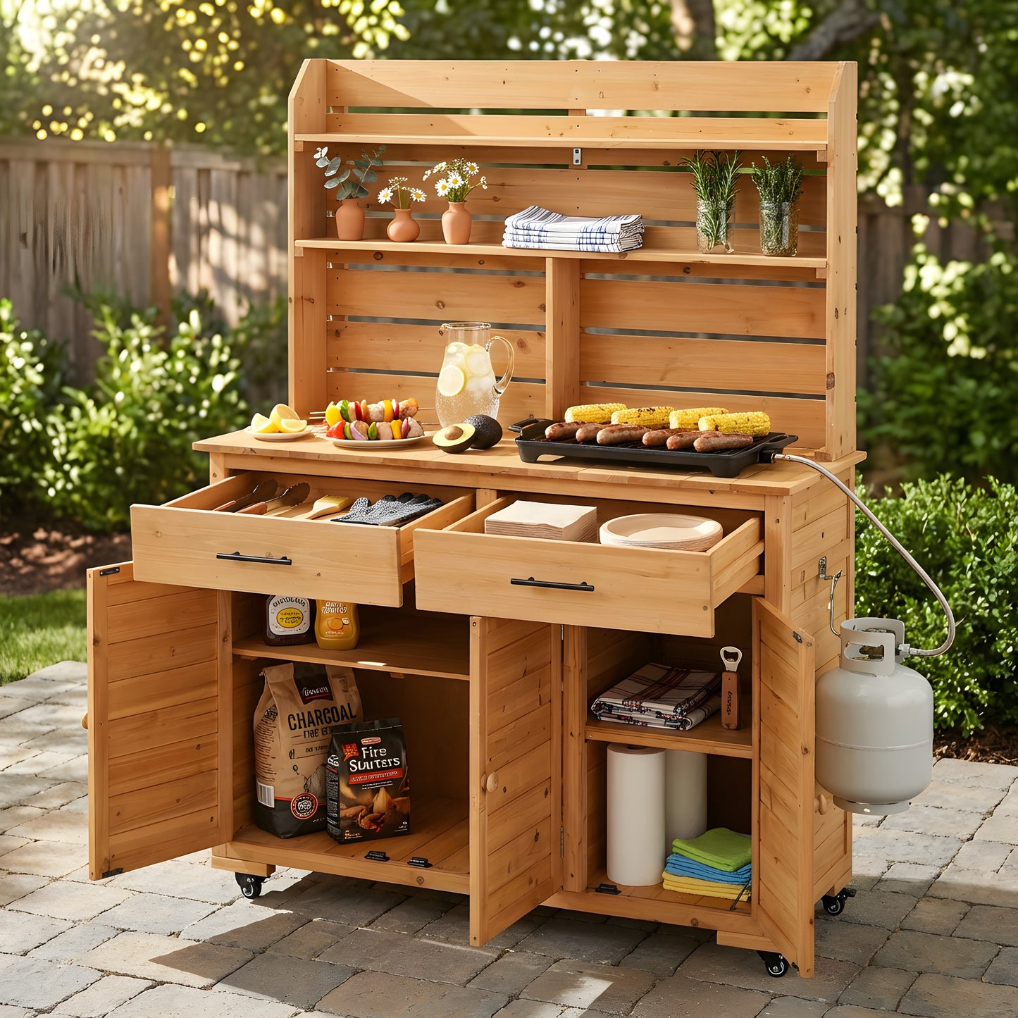 65''H Large Garden Potting Bench with Lockable Wheels and Storage Cabinet, Wood