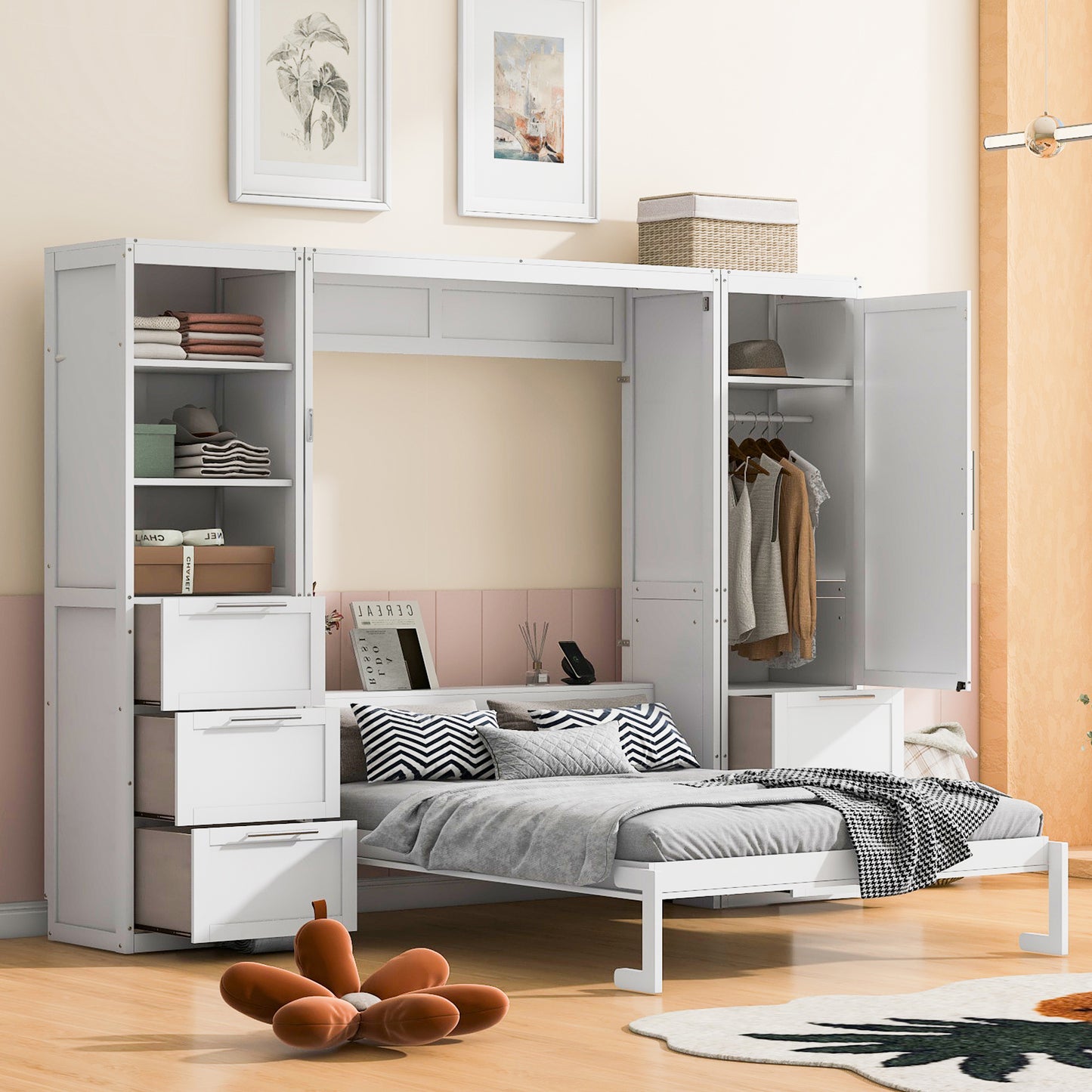Queen Size Murphy Bed Wall Bed with Closet, Drawers and Shelves