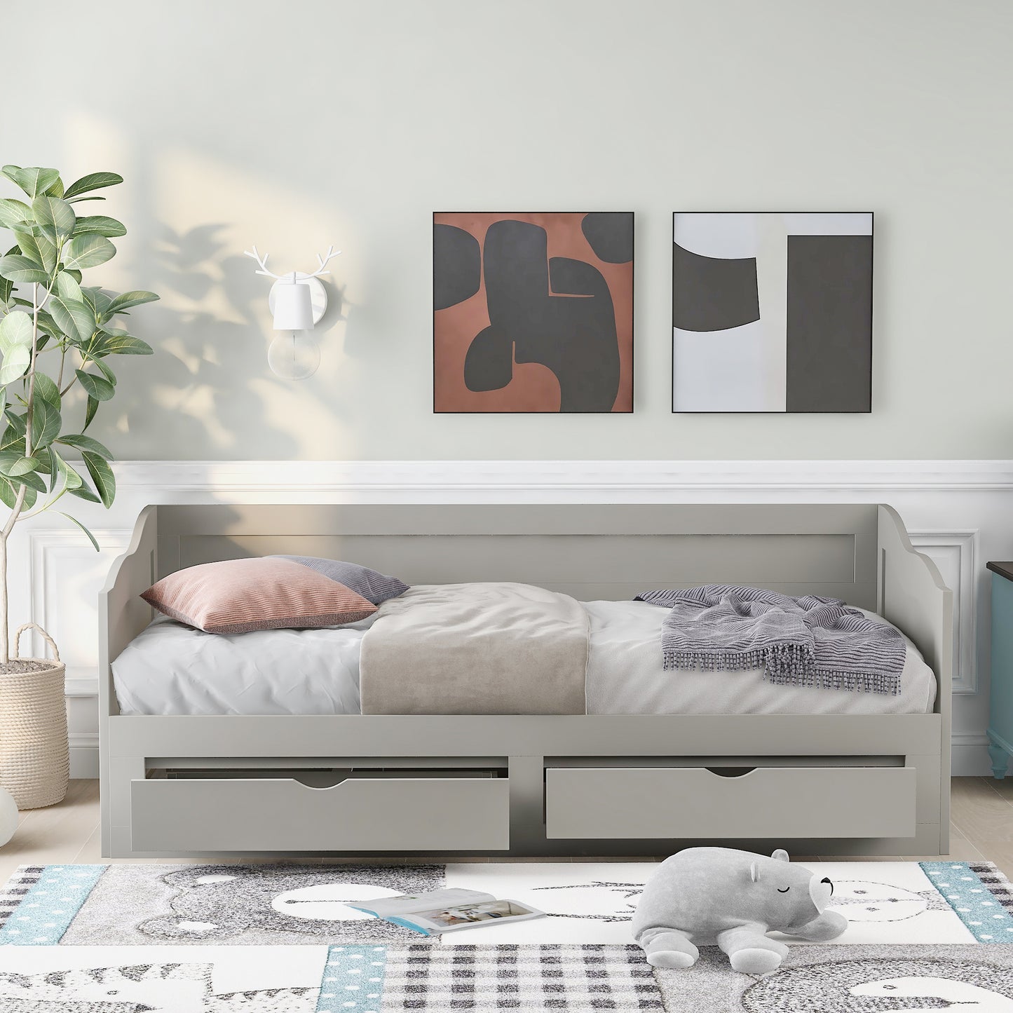 Wooden Daybed with Trundle Bed and Two Storage Drawers, Extendable Sofa Bed