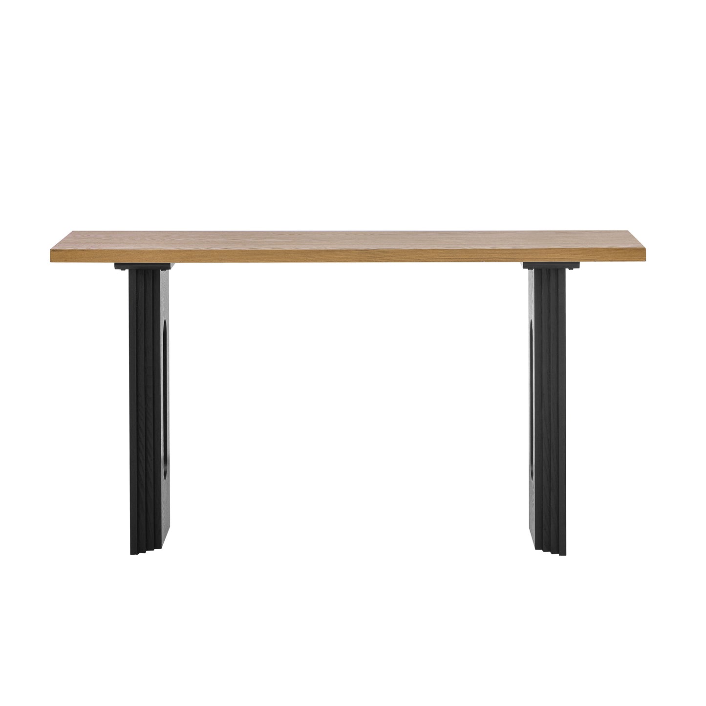 Uniquely Designed Console Table made of Fraxinus Mandschuric Solid Wood Veneer,with Distinctive Round Hollow Legs, Suitable for Foyer, Living Room, or Hallway.