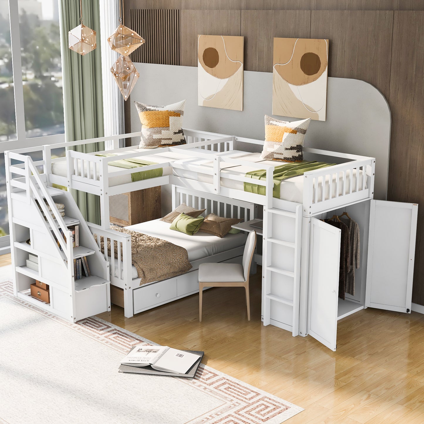 Twin-Twin over Full L-Shaped Bunk Bed With 3 Drawers, Portable Desk and Wardrobe