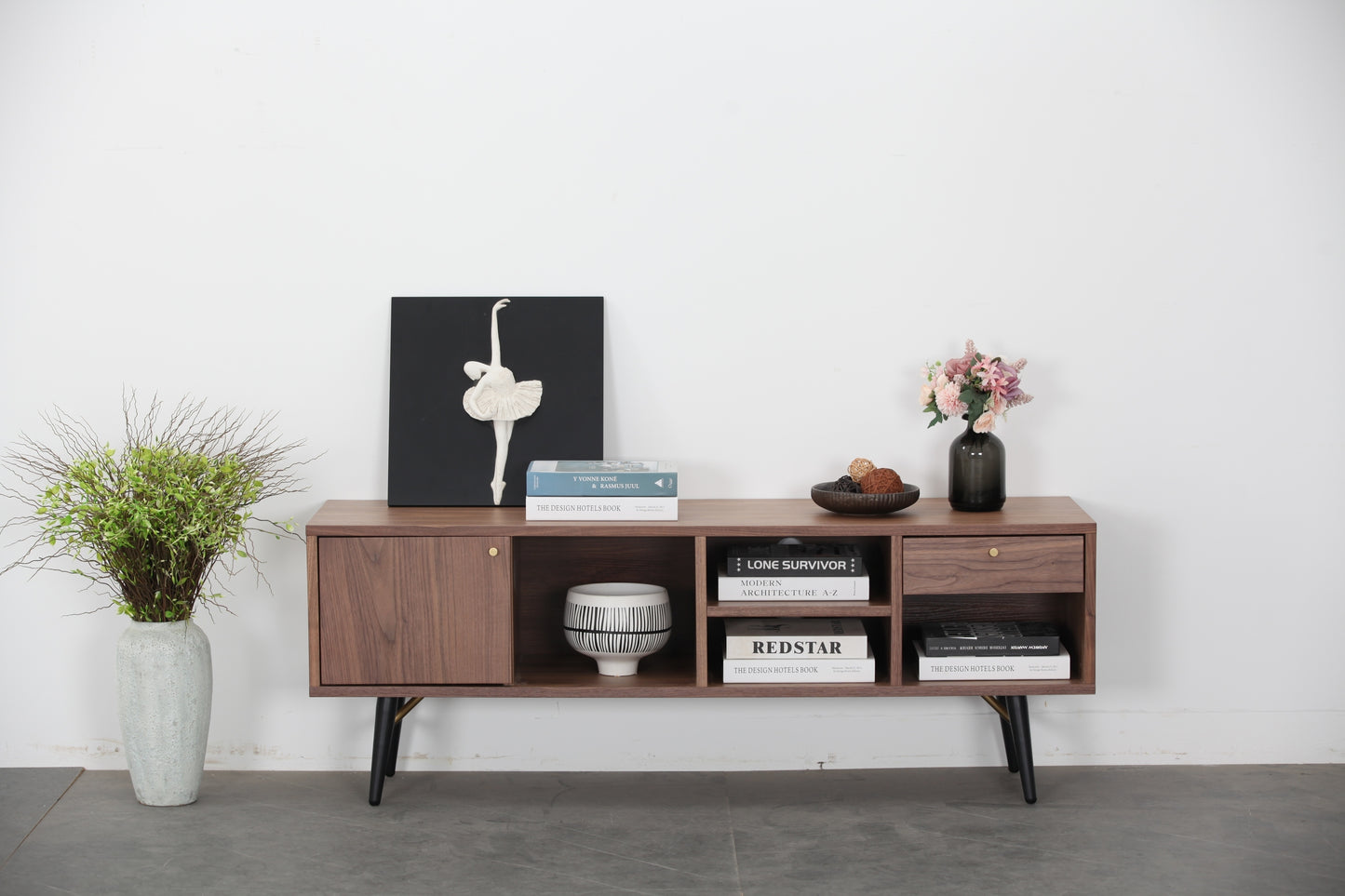 Mid-Century Modern Low Profile Media Console TV Stand, Walnut