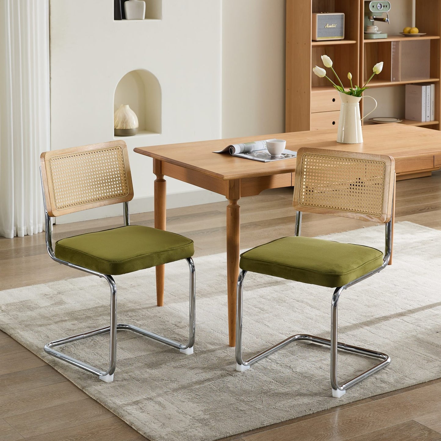Mid Century Modern Dining Chairs Set of 2, Velvet Accent Chairs with Natural Cane Back & Stainless Chrome