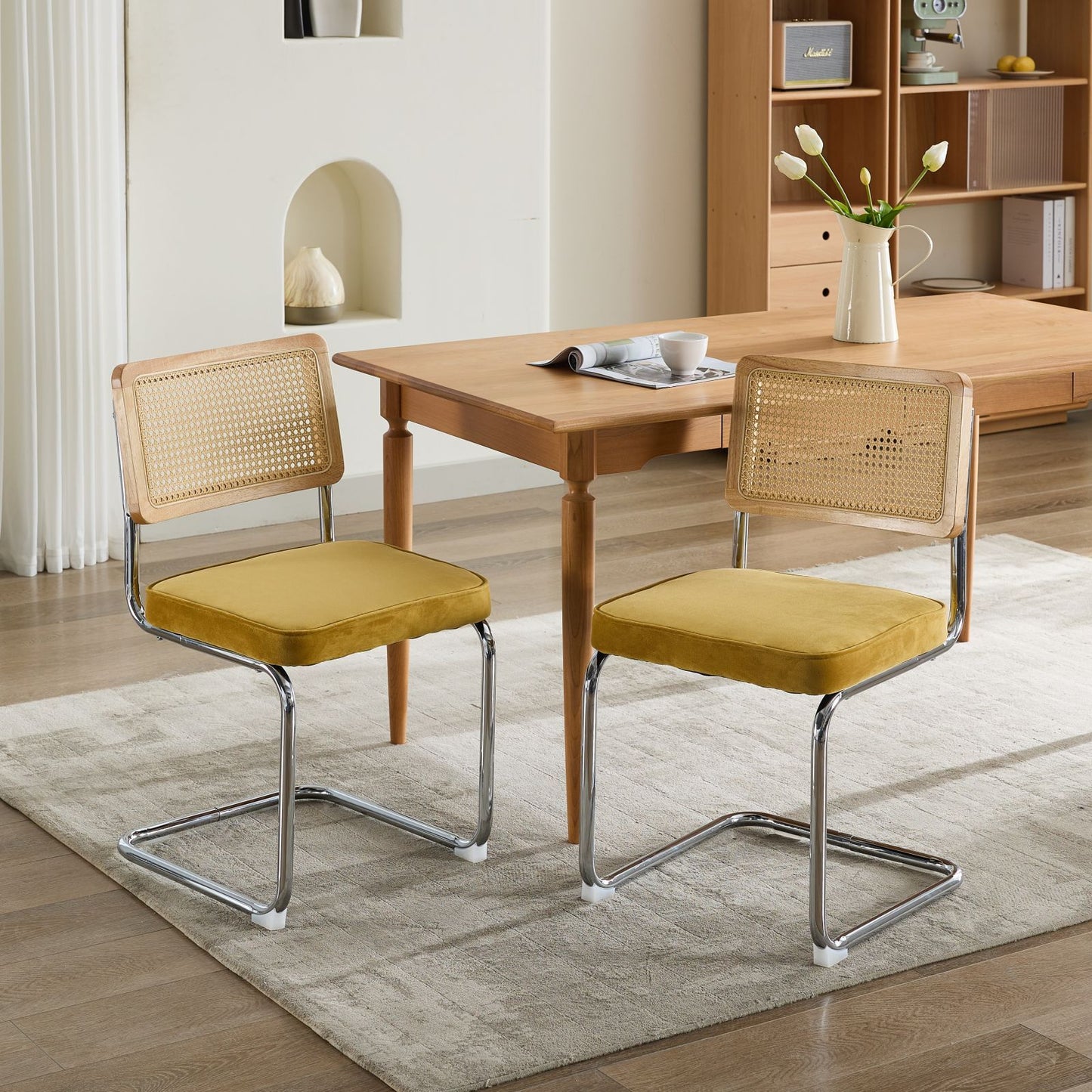 Mid Century Modern Dining Chairs Set of 2, Velvet Accent Chairs with Natural Cane Back & Stainless Chrome