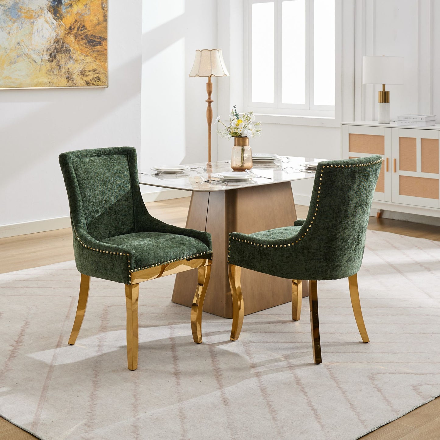 Chenille Dining Chairs, Modern Style with Curved Gold - Plated Legs & Rivet Trim