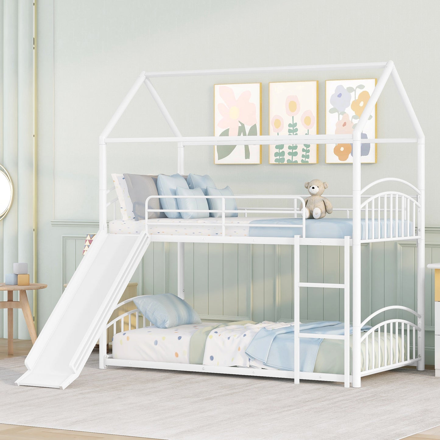 Twin Over Twin Metal Bunk Bed With Slide, Kids House Bed