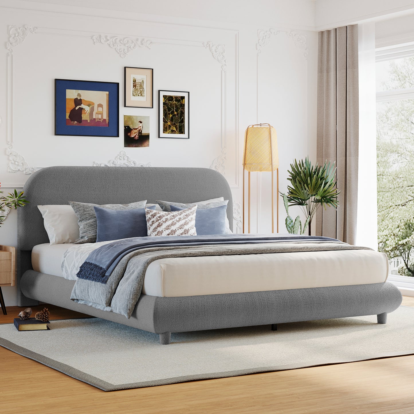 Teddy Fleece Upholstered Platform Bed with Thick Fabric, Solid Frame and Stylish Curve-shaped Design