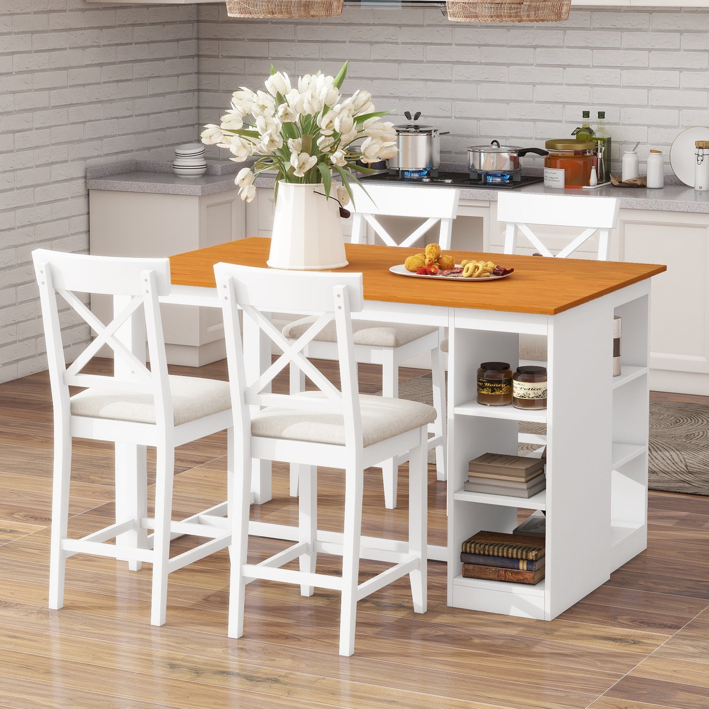 60'Lx30'W Solid Wood Farmhouse Counter Height Dining Table Set with 3-Tier Storage Shelves, Upholstered Dining Chairs fo