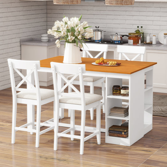 5-Piece Counter Height Dining Set Farmhouse Rubber Wood White with Counter Height for Dining Room or Kitchen