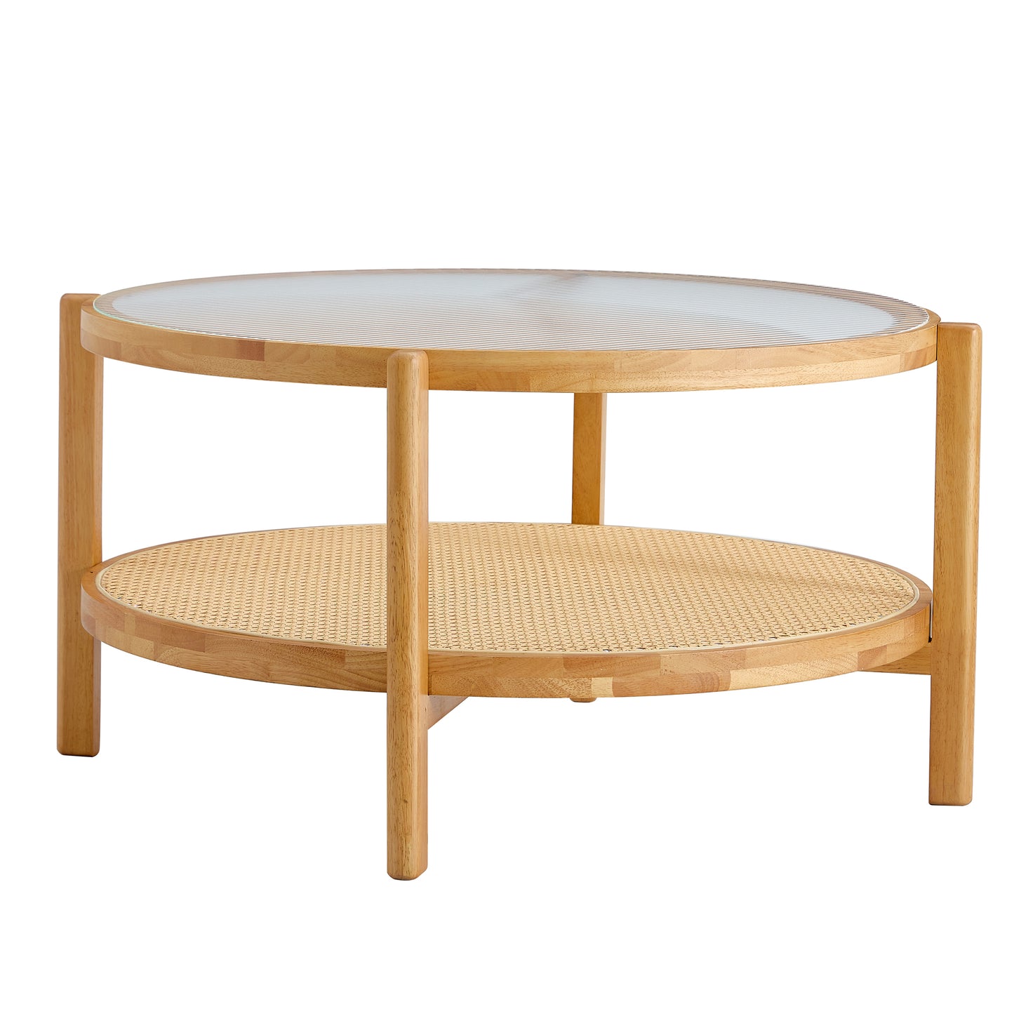 Modern Round Coffee Table – Double Layer Solid Wood Table with Glass Top & Rattan Shelf, Living Room Accent Table