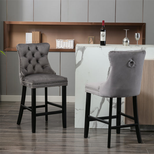 Bar Stools Set of 2 Gray Velvet Contemporary with Tufted Detail for Dining Room or Kitchen Seating