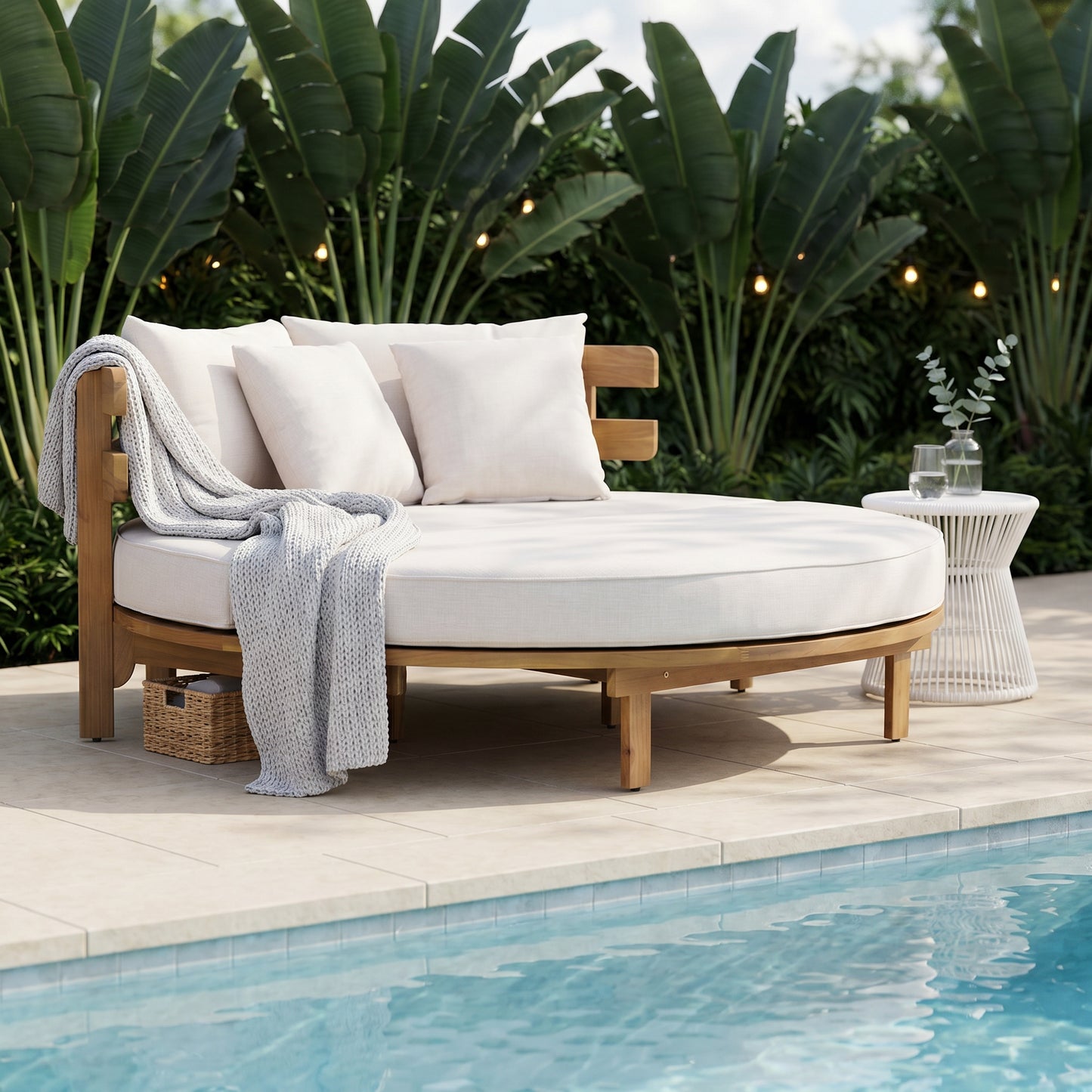 Outdoor Acacia Wood Round Daybed, Patio Lounger with Curved Slatted Backrest, Cushion and 4 Pillows for Backyard, Poolside, Beige