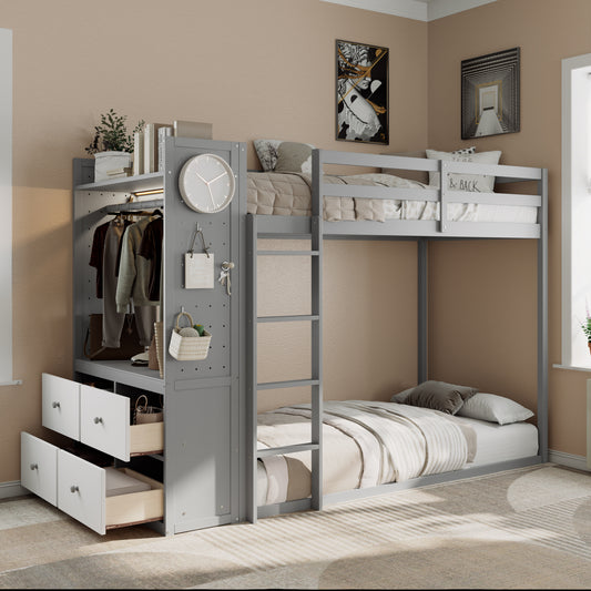 Bunk Bed, Twin Size, Wood with Four Storage Drawers, Shelves, and LED/Light Feature for Shared Bedroom or Guest Room