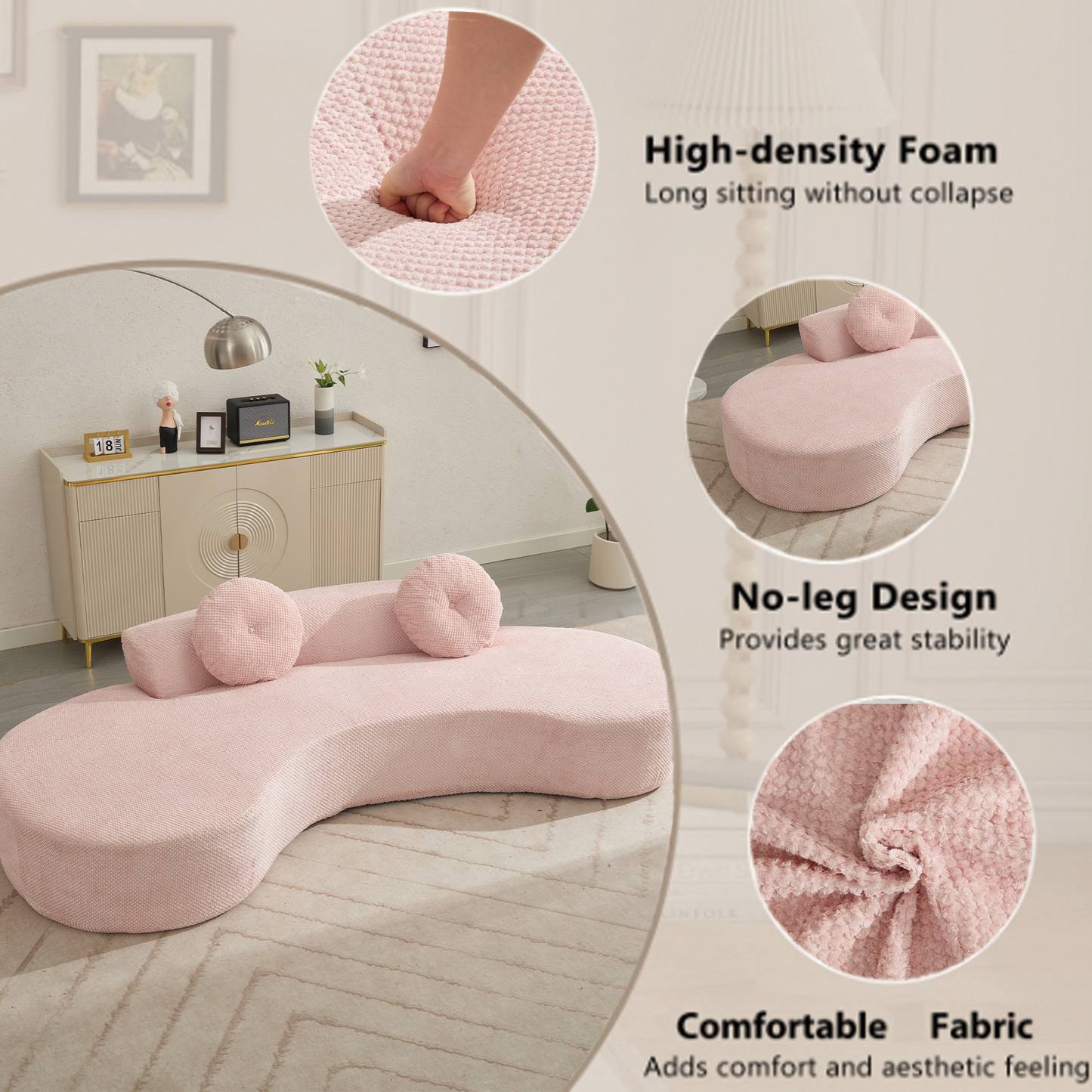 105.5''Curved Sofa, Modern Minimalist Sofa, Cloud Couch Sofa 3-4 Seater Couch with 2 Pillows,Bedroom,  No Assembly Required, Point-shaped corduroy,(Anti-Wrinkle) ,Pink