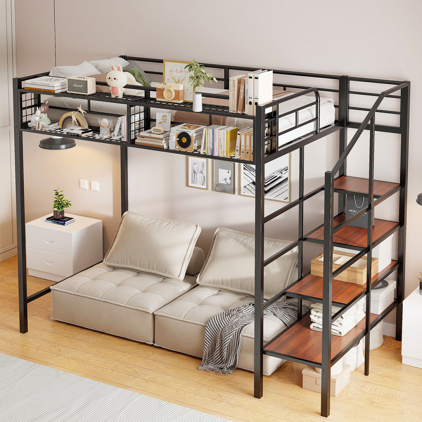 Metal Loft Bed with Upper Grid Storage Shelf and Lateral Storage Ladder