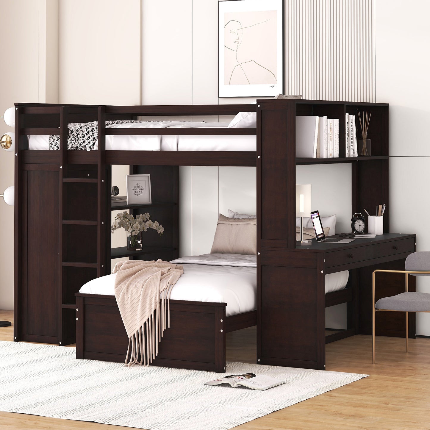 Full size Loft Bed with a twin size Stand-alone bed, Shelves, Desk, and Wardrobe
