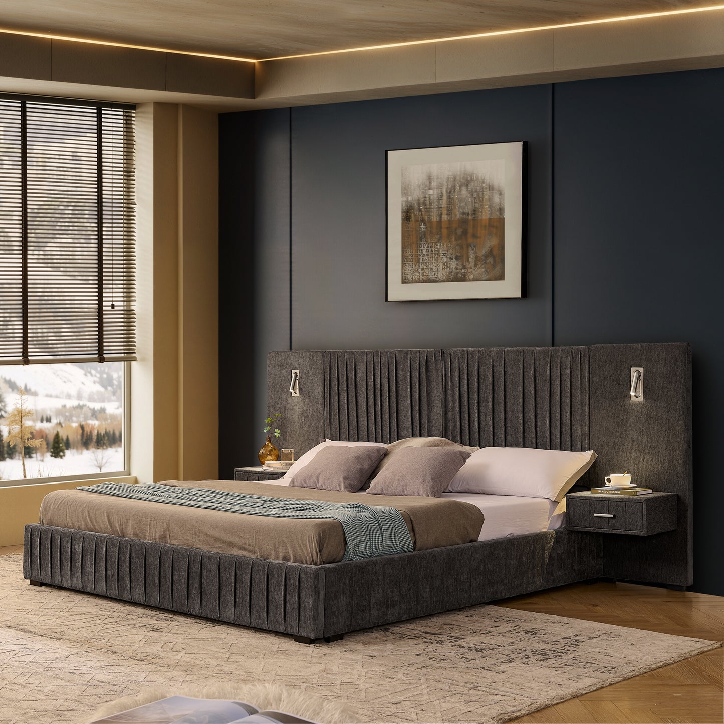 Upholstered Bed Frame with Chenille Fabric, Pleated Design, Grounded Platform Bed with Headboard and Solid Frame
