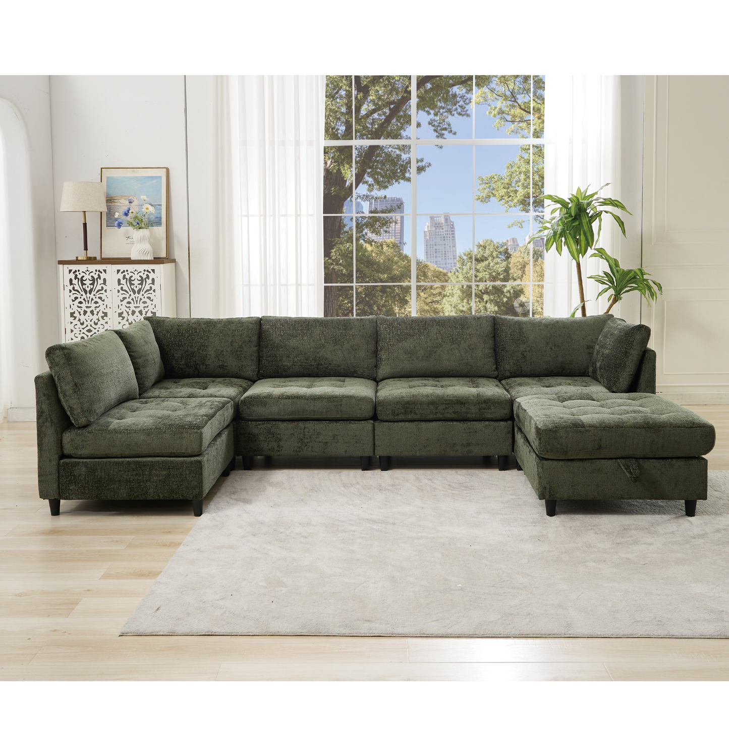 Modular Sectional Couch with Storage Ottoman, U Shaped Sofa, Storage Ottoman,Minimalist ,Convertible Modular Sofa,Chenille ,Upholstered,6 Seat,Living Room,   Green